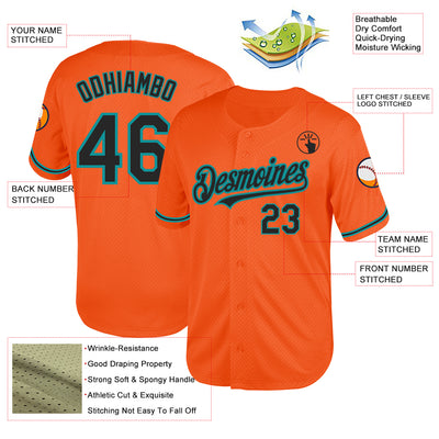 Custom Orange Black-Teal Mesh Authentic Throwback Baseball Jersey