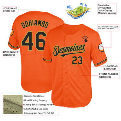 Custom Orange Black-Old Gold Mesh Authentic Throwback Baseball Jersey