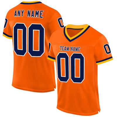 Custom Orange Navy-Gold Mesh Authentic Throwback Football Jersey