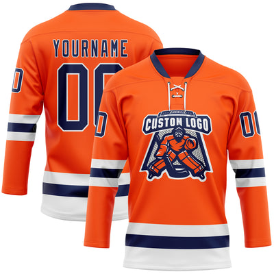 Custom Orange Navy-White Hockey Lace Neck Jersey