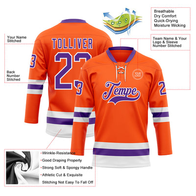 Custom Orange Purple-White Hockey Lace Neck Jersey