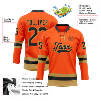 Custom Orange Black-Old Gold Hockey Lace Neck Jersey