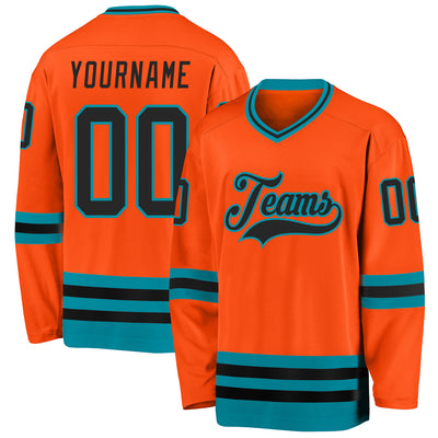 Custom Orange Black-Teal Hockey Jersey