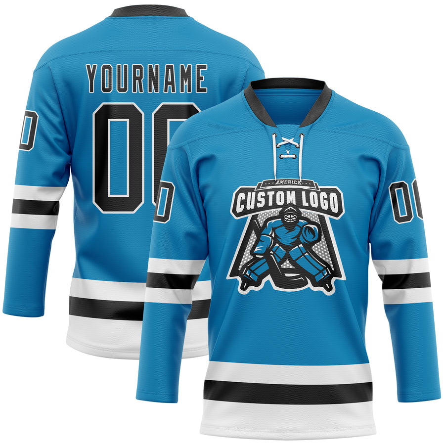 Custom Panther Blue Black-White Hockey Lace Neck Jersey