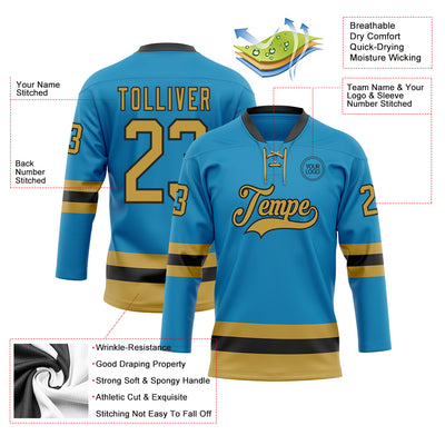 Custom Panther Blue Old Gold-Black Hockey Lace Neck Jersey