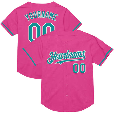 Custom Pink Teal-White Mesh Authentic Throwback Baseball Jersey