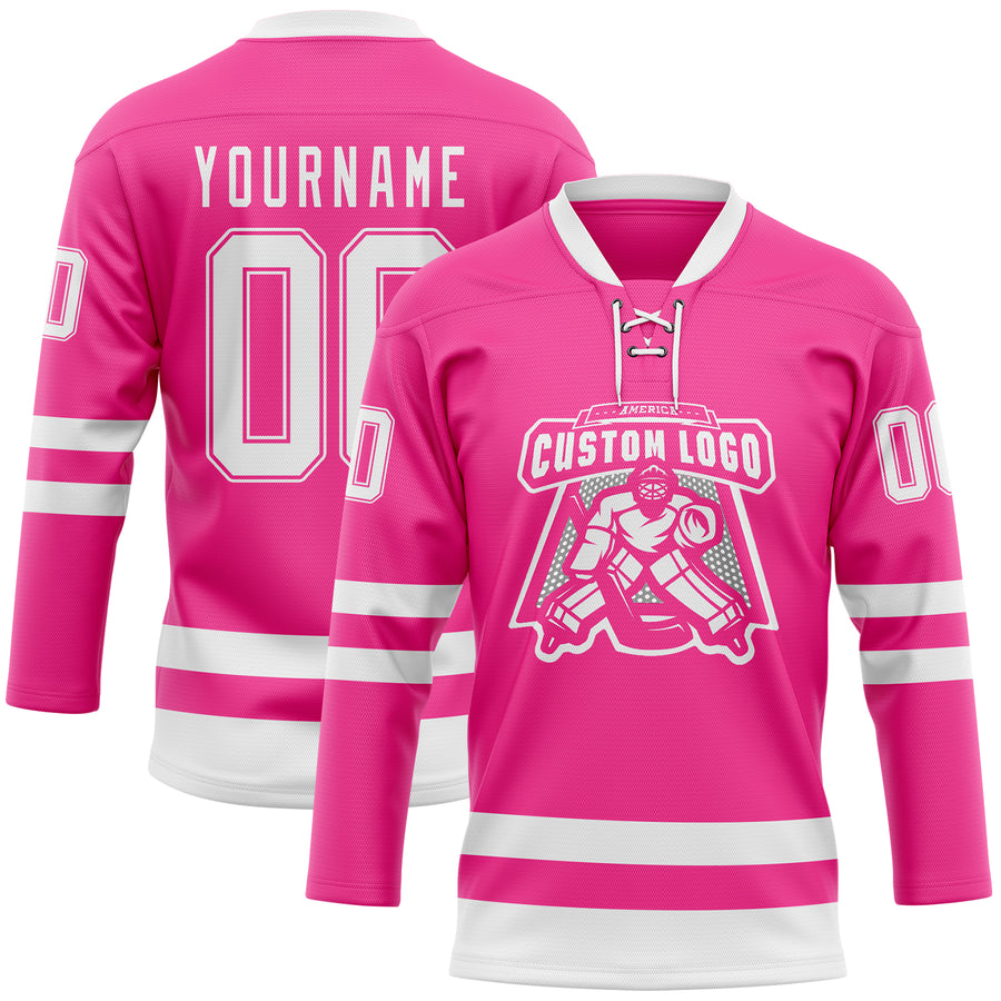 Custom Pink White Hockey Lace Neck Jersey