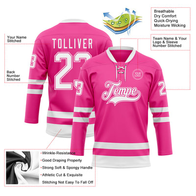 Custom Pink White Hockey Lace Neck Jersey