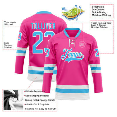 Custom Pink Sky Blue-White Hockey Lace Neck Jersey