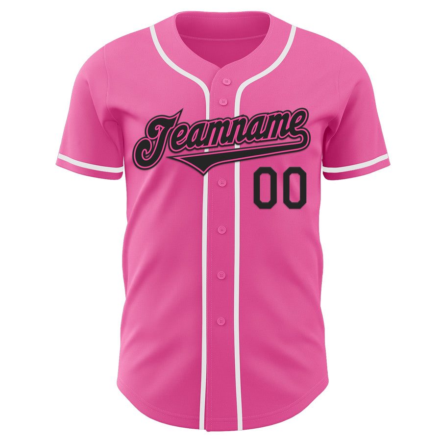 Custom Pink Black-White Authentic Baseball Jersey