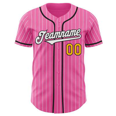 Custom Pink White Pinstripe Gold-Black Authentic Baseball Jersey