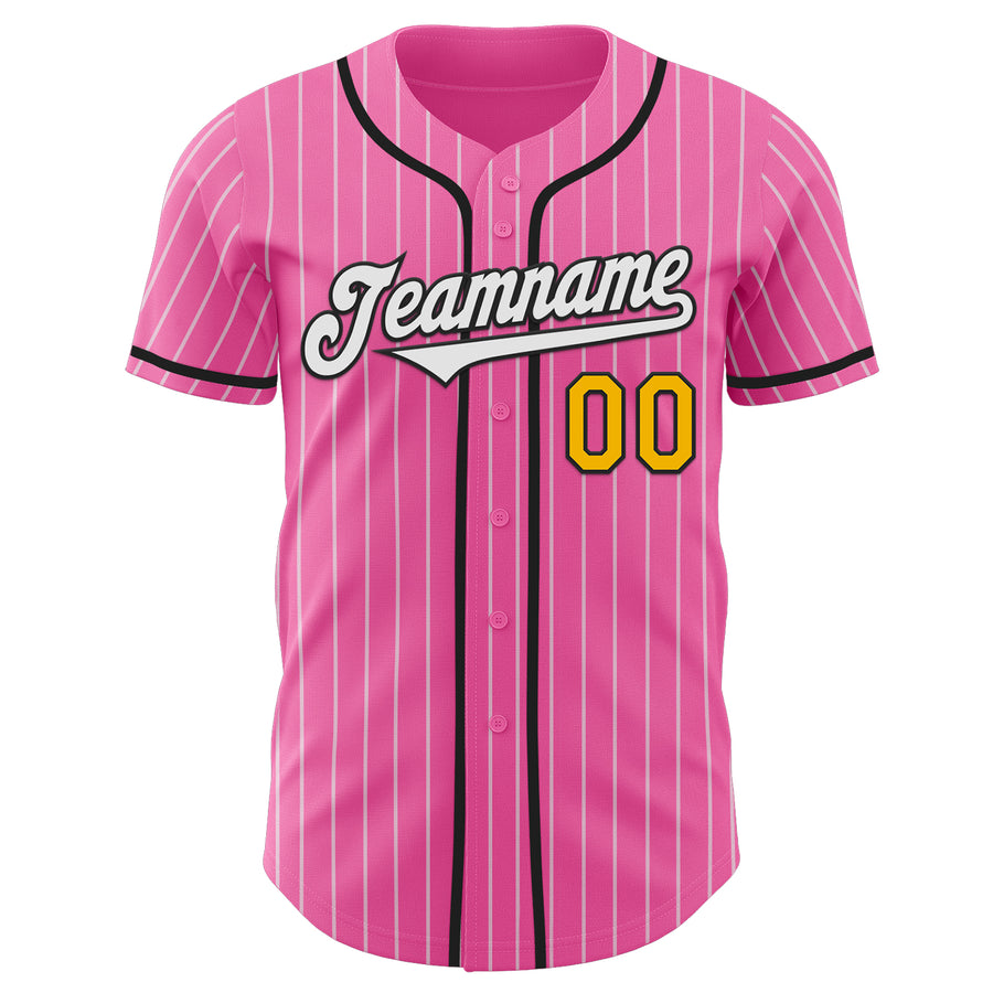 Custom Pink White Pinstripe Gold-Black Authentic Baseball Jersey