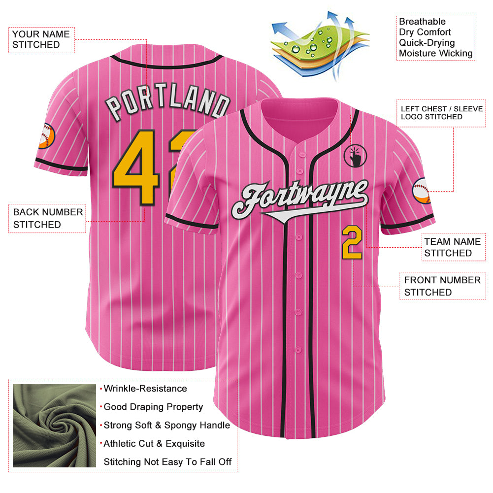 Custom Pink White Pinstripe Gold-Black Authentic Baseball Jersey