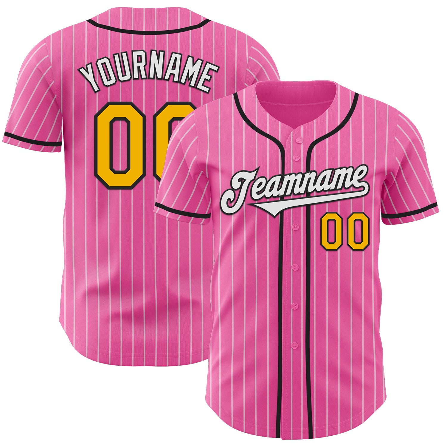 Custom Pink White Pinstripe Gold-Black Authentic Baseball Jersey