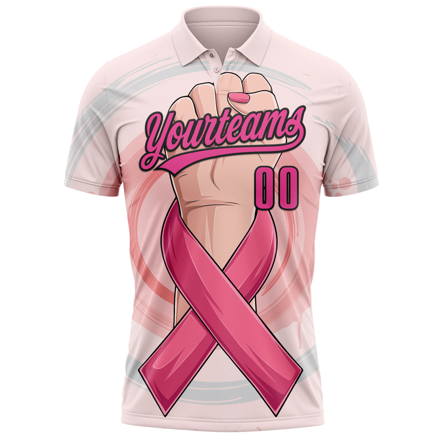 Custom Light Pink Pink-Black 3D Breast Cancer Awareness Month With Woman Hand And Pink Ribbon Women Health Care Support Performance Polo Shirt