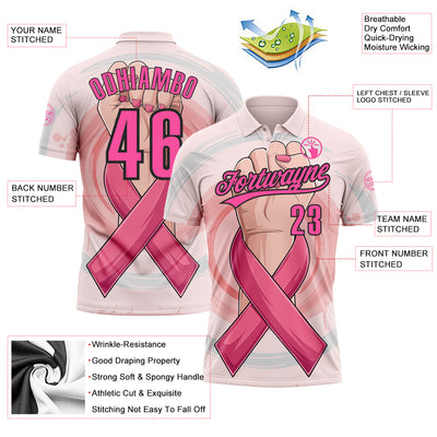 Custom Light Pink Pink-Black 3D Breast Cancer Awareness Month With Woman Hand And Pink Ribbon Women Health Care Support Performance Polo Shirt