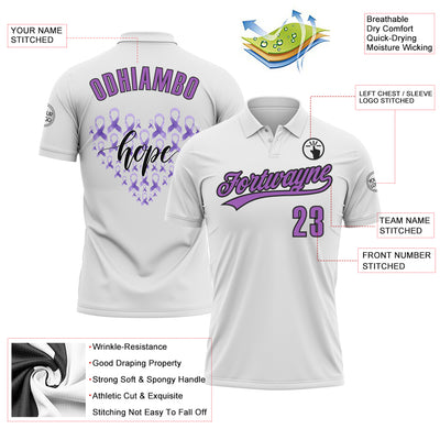 Custom White Medium Purple-Black 3D World Cancer Day Heart Ribbon Hope Performance Polo Shirt