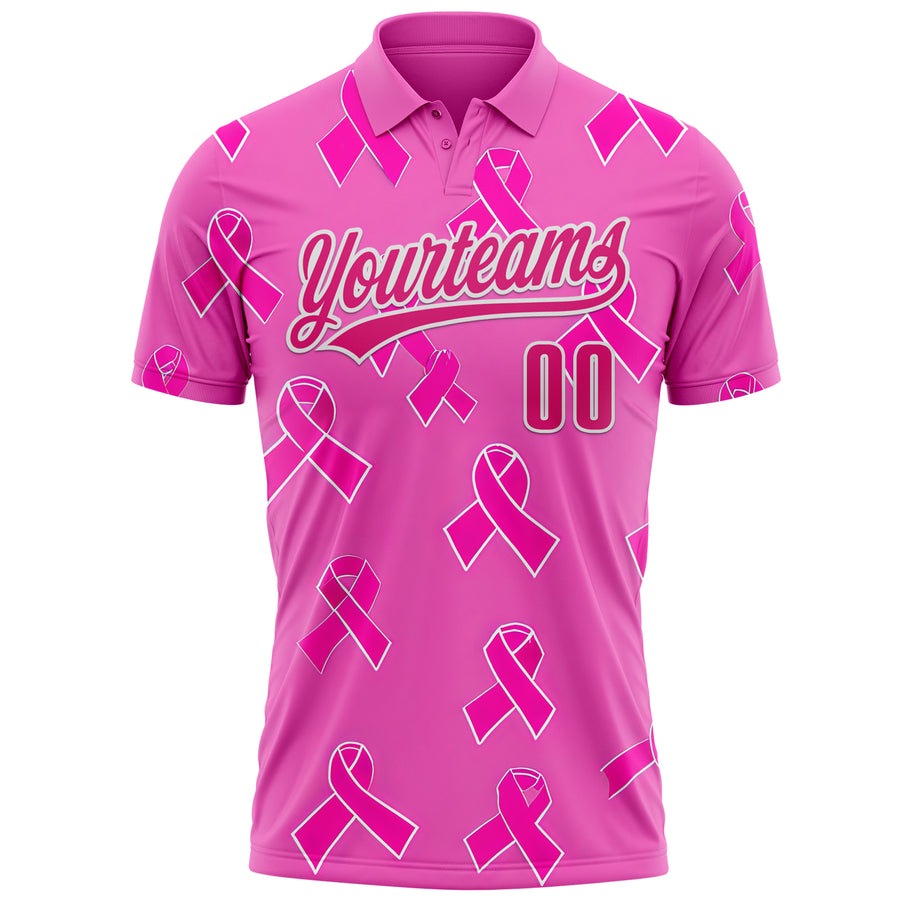 Custom Pink Hot Pink-White 3D Pink Ribbon Breast Cancer Awareness Month Women Health Care Support Performance Polo Shirt