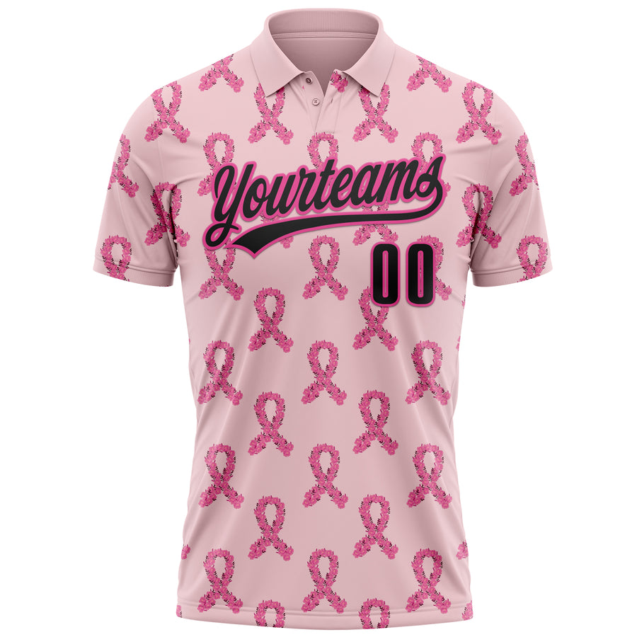 Custom Pink Black 3D Pink Ribbon Breast Cancer Awareness Month Women Health Care Support Performance Polo Shirt