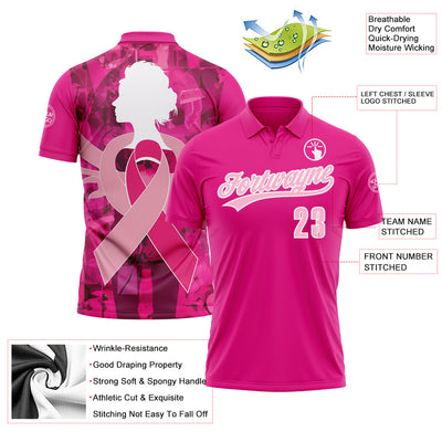 Custom Pink Light Pink-White 3D Pink Ribbon Breast Cancer Awareness Month Women Health Care Support Performance Polo Shirt