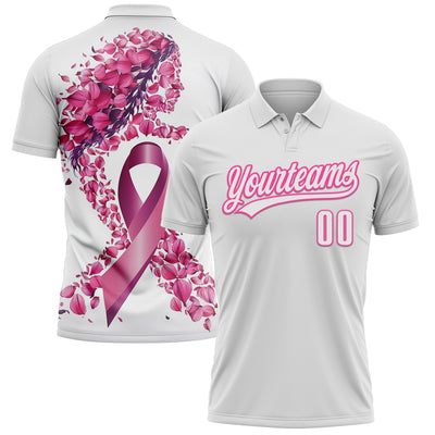 Custom White Pink 3D Pink Ribbon Breast Cancer Awareness Month Women Health Care Support Performance Polo Shirt