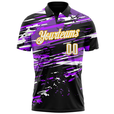 Custom Black White-Gold 3D Bowling Performance Polo Shirt