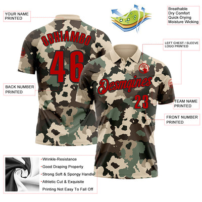 Custom Camo Red-Black 3D Bowling Performance Salute To Service Polo Shirt