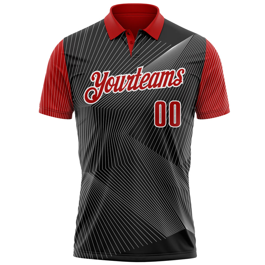 Custom Black Red-White 3D Bowling Line Performance Polo Shirt