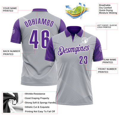 Custom Gray Purple-White 3D Bowling Line Performance Polo Shirt