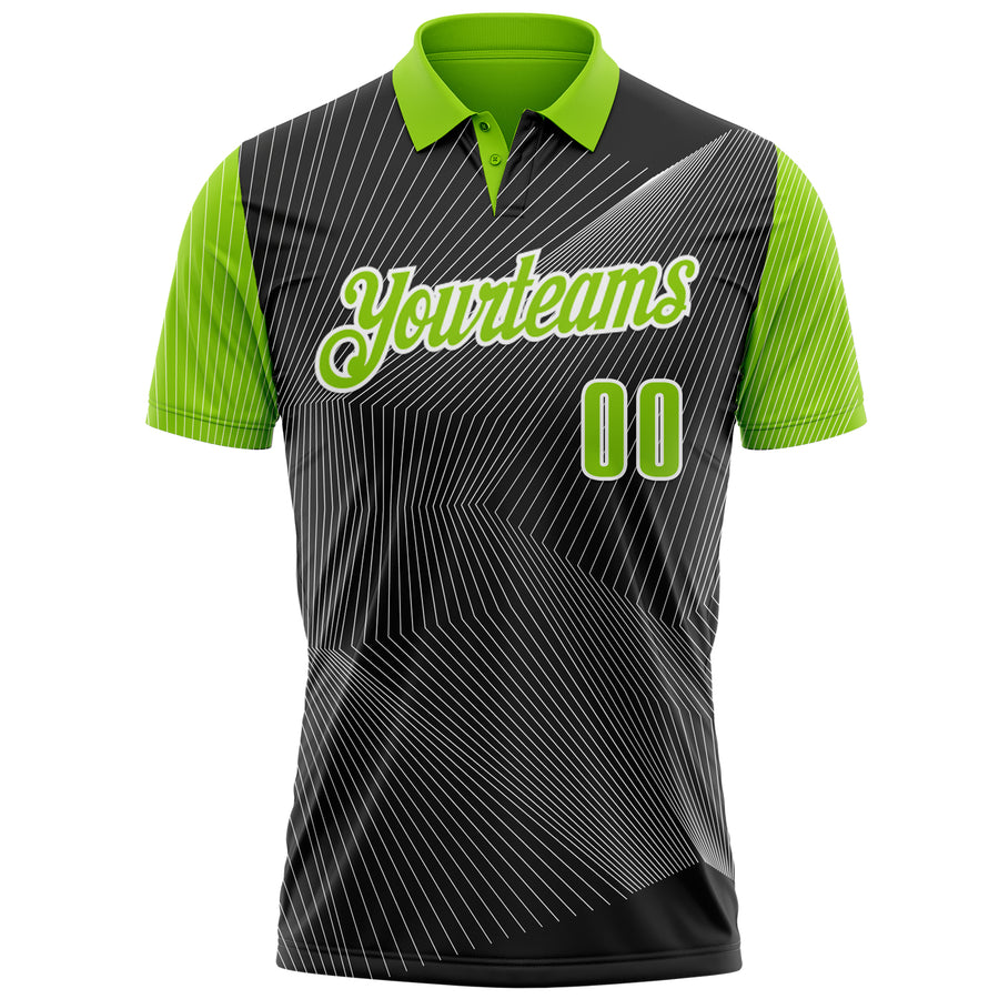 Custom Black Neon Green-White 3D Bowling Line Performance Polo Shirt