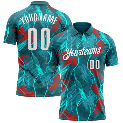 Custom Teal Red-White 3D Bowling Line Performance Polo Shirt