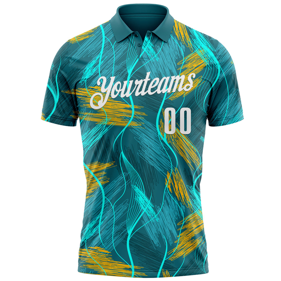 Custom Teal Old Gold-White 3D Bowling Line Performance Polo Shirt