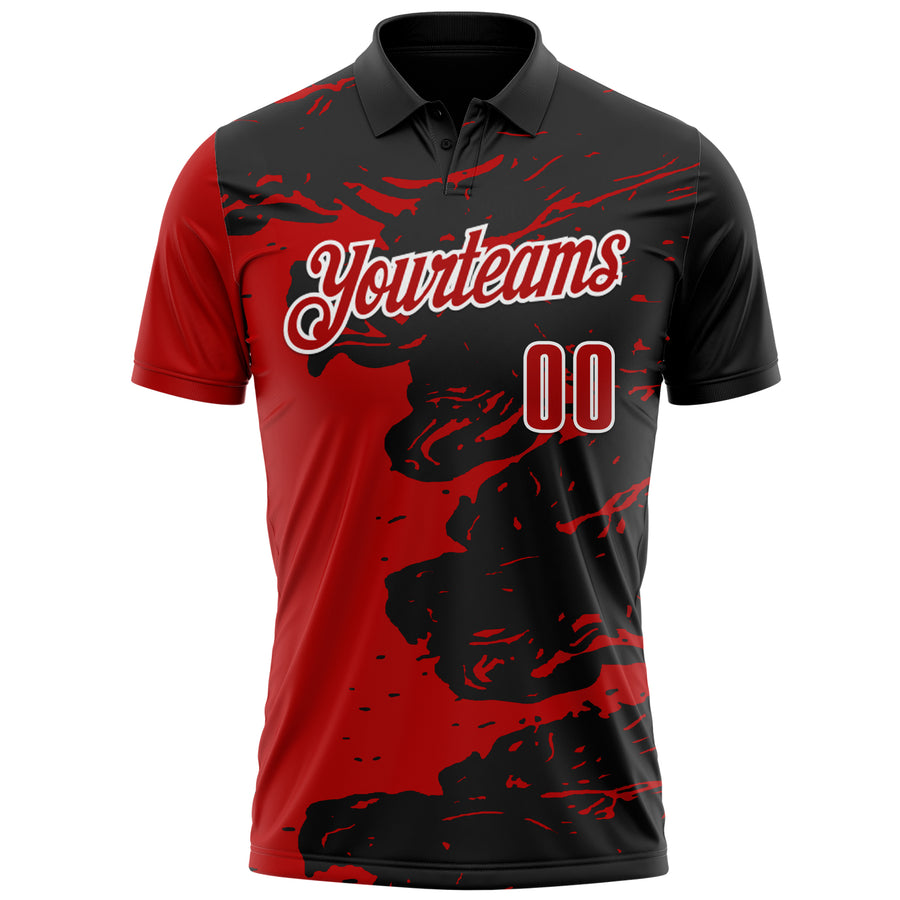 Custom Black Red-White 3D Bowling Splash Ink Performance Polo Shirt