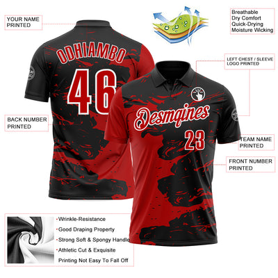 Custom Black Red-White 3D Bowling Splash Ink Performance Polo Shirt