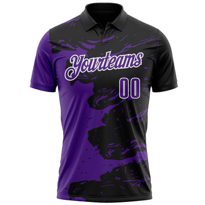 Custom Black Purple-White 3D Bowling Splash Ink Performance Polo Shirt