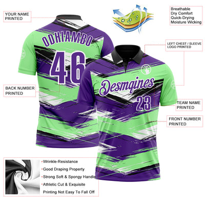 Custom Pea Green Purple-Black 3D Bowling Abstract Grunge Art Performance Polo Shirt