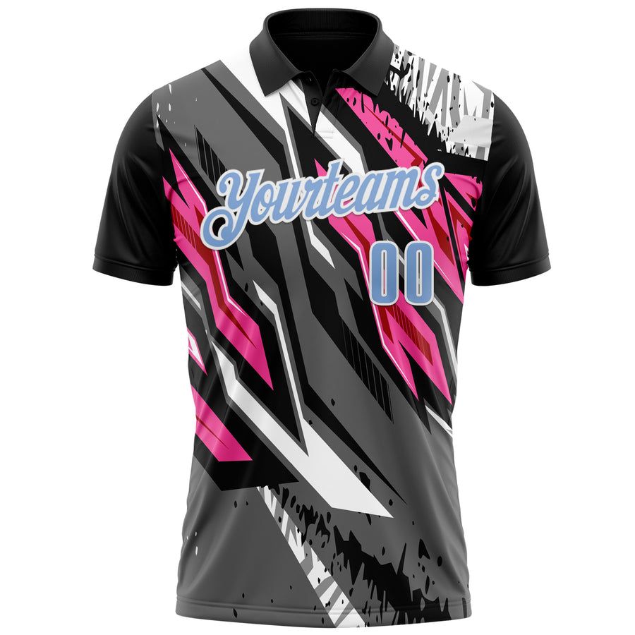 Custom Black Light Blue Gray-Pink 3D Bowling Abstract Grunge Art Performance Polo Shirt