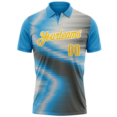 Custom Sky Blue Yellow-Steel Gray 3D Bowling Line Performance Polo Shirt