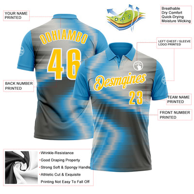 Custom Sky Blue Yellow-Steel Gray 3D Bowling Line Performance Polo Shirt