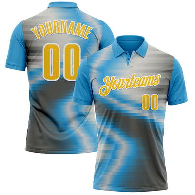 Custom Sky Blue Yellow-Steel Gray 3D Bowling Line Performance Polo Shirt