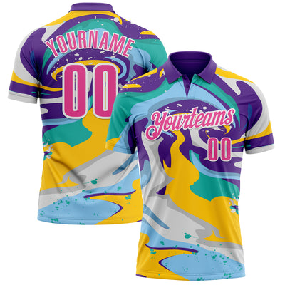 Custom Purple Pink Yellow-Aqua 3D Bowling Splash Ink Performance Polo Shirt