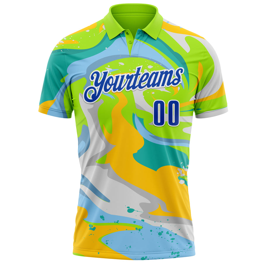 Custom Neon Green Thunder Blue Yellow-Aqua 3D Bowling Splash Ink Performance Polo Shirt