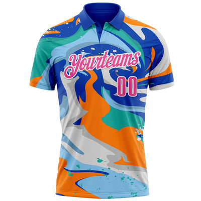 Custom Thunder Blue Pink Bay Orange-Aqua 3D Bowling Splash Ink Performance Polo Shirt