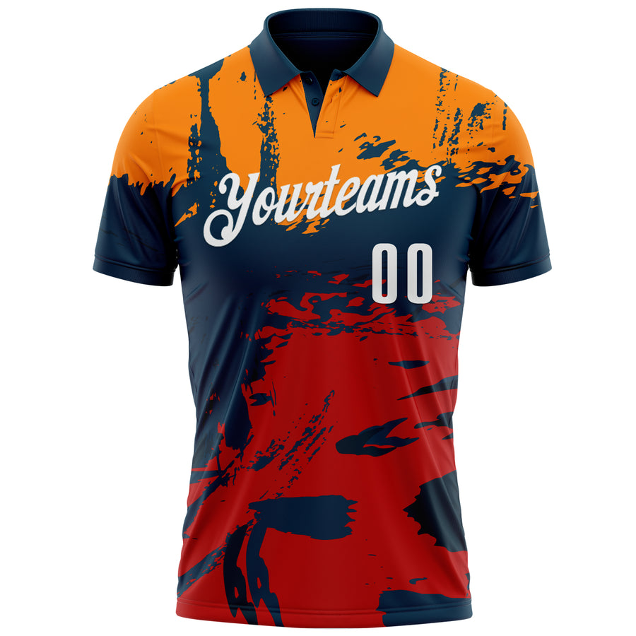 Custom Navy Bay Orange-Red 3D Bowling Splash Ink Performance Polo Shirt