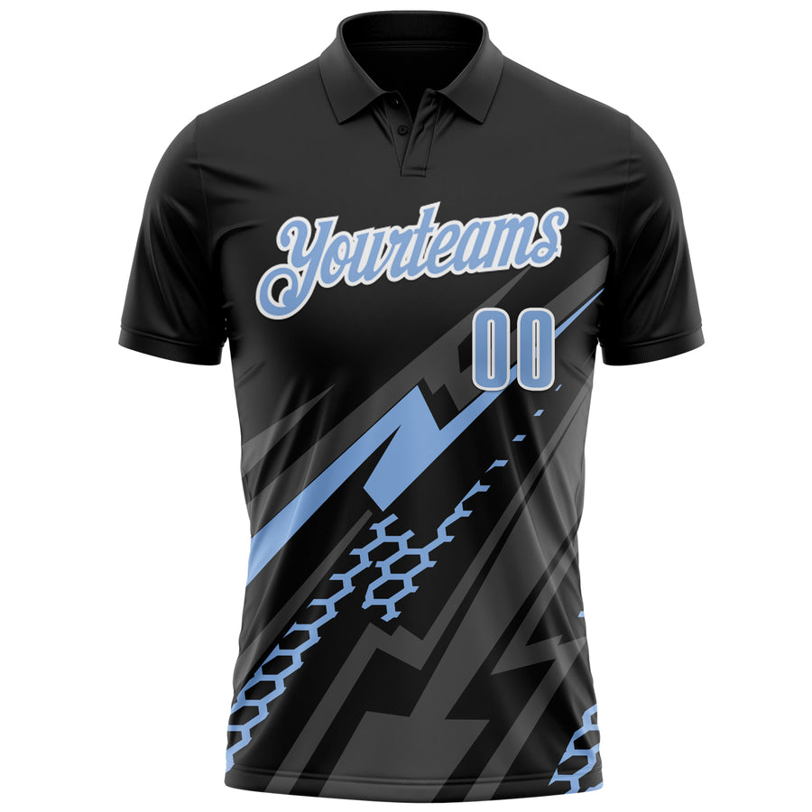 Custom Black Light Blue-White 3D Bowling Geometric Shape Performance Polo Shirt