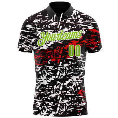 Custom Black Neon Green-Red 3D Bowling Abstract Grunge Art Performance Polo Shirt