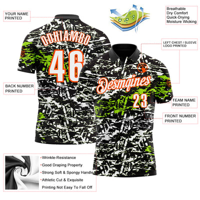 Custom Black Neon Green-Orange 3D Bowling Abstract Grunge Art Performance Polo Shirt