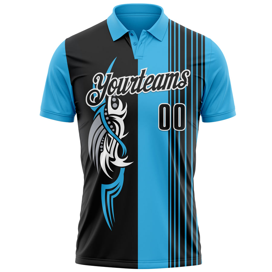 Custom Sky Blue Black-White 3D Bowling Tattoos Performance Polo Shirt