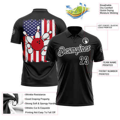 Custom Black White 3D Bowling American Flag Performance Polo Shirt