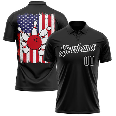 Custom Black White 3D Bowling American Flag Performance Polo Shirt